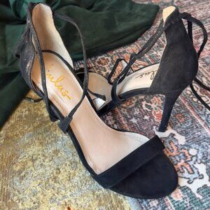 Lulus Black Lace-Up Stiletto Heels – Size 6 – Vegan Suede – Ankle Tie